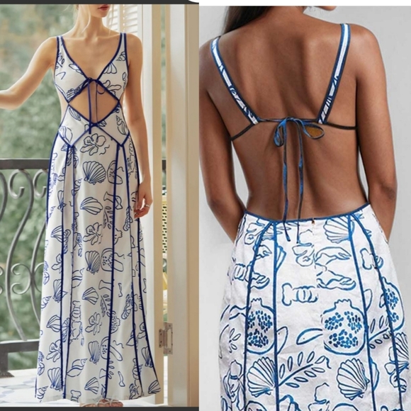 Maxi Dress with a blue marine print and contrast binding. - Picture 1 of 7